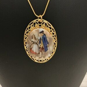 Hand Painted Miniature Gold Tone Portrait Pendant Necklace